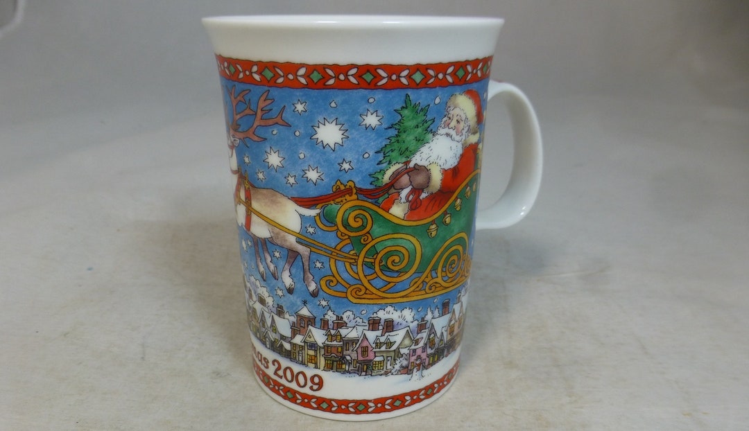 Dunoon Fine Bone China Christmas Mug Fun Colourful Father Christmas in Sleigh With Four Reindeer