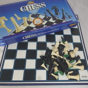 Vintage Spear’s Games Chess Set 1990s – Blue Box - Complete Set with Stout Board & Plastic Chessmen – Retro Chess Strategy Board Game