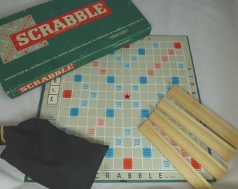 Vintage Scrabble J W Spear’s Games 1955 Vintage Board Game in Green Box – Plastic Tiles & Wood Racks - Rules on Lid – Complete Set