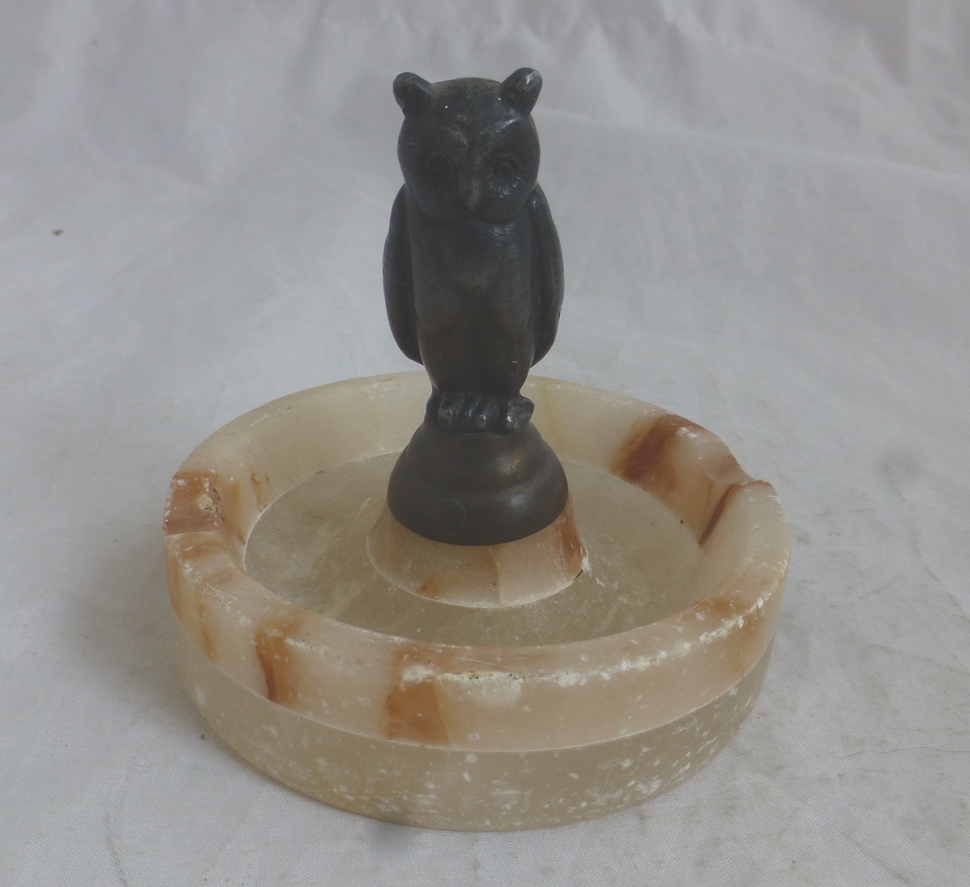Vintage Circular Pewter Owl Hand Carved Alabaster Tray 3.5 inch H - Home Office Trinket Dish Papercl