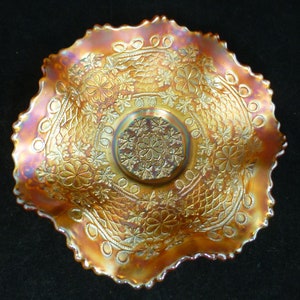 Fenton Carnival Glass Iridescent Marigold Orange Vintage Round Crimped / Fluted 7 in Bowl Dish – Foliage & Flowers on both sides