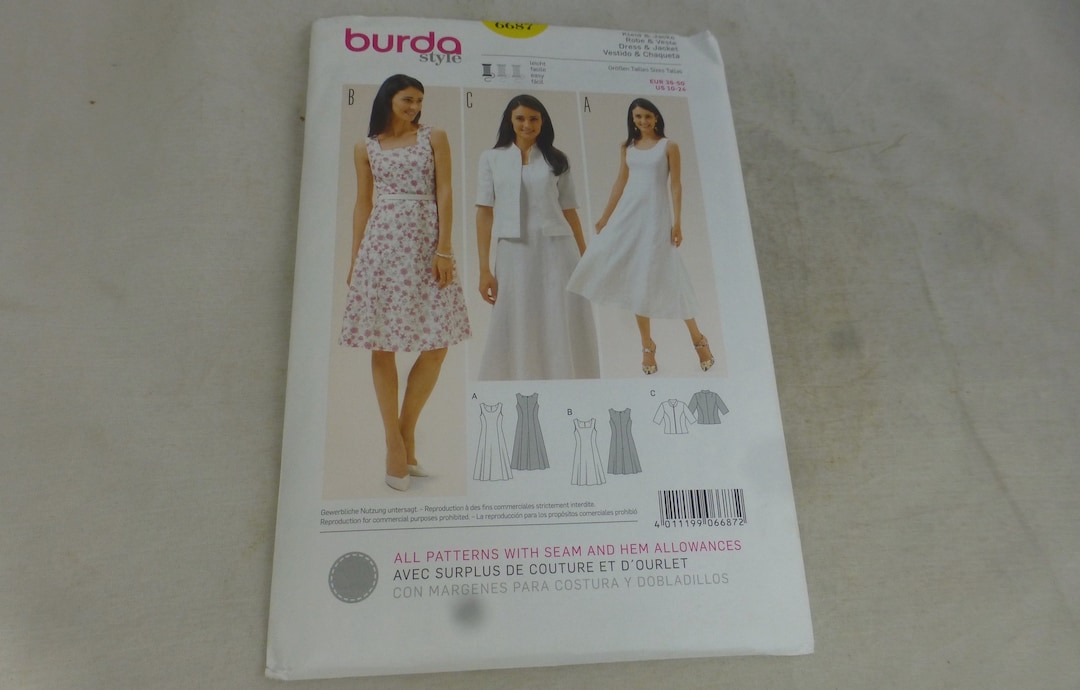 Vintage Burda Style 6687 Dress and Jacket UK Size 12 24 Uncut Pattern