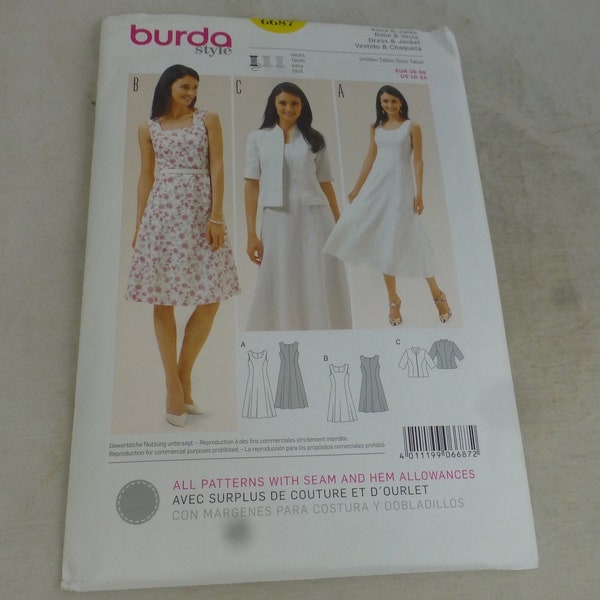 vintage Burda Style 6687 robe et veste - UK taille 12 - 24 - patron non coupé et instructions de couture en anglais, français et espagnol