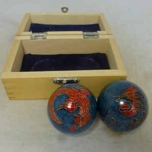 Vintage Chinese Dragon & Phoenix Blue Chime Cloisonné Iron Baoding Stress Balls - Zdrowie Medycyna / Yin Yang / Terapia Dźwiękiem - Drewniane Pudełko