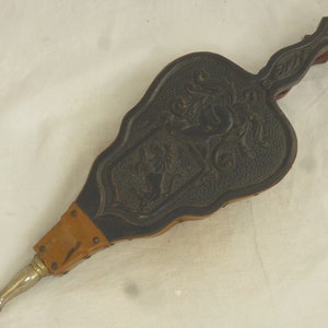 Antique Large 23 inch Wood & Leather Fireside Bellows Carved Knight in Armour, Lion Rampant - Fully Working Rustic Handmade Fireplace Décor