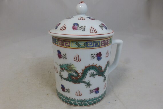 Unique and Colorful Vintage Chinese Lidded Teacups/mugs-set of 2 