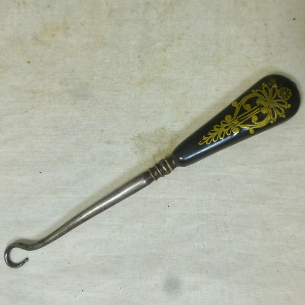 Antique Rare Black Ebony and Steel 5.5 Inch Button Hook / Boot Lace Hook / Glove Hook – Hand Applied Ornate Gold Design