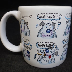 Dog “Here’s to Birthdays” Fun Dog Cartoon Mug – Dog Birthday, Age and Drink themed captions by Miranda – Super Amusing Dog Birthday gift