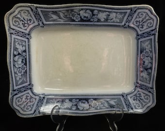 Antique Ford & Sons Flow Blue and White Large English Rectangular Serving Plate Meat Platter – Brampton Pattern 11x8.5 in – Burslem, England
