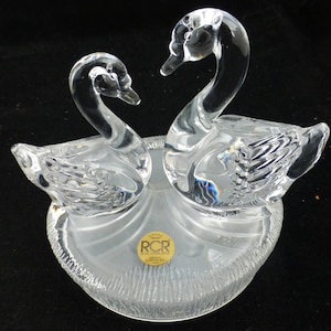 Vintage RCR Royal Crystal Rock 24% Lead Crystal Glass Two Swans Figurine with Original Label - Made in Italy