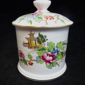 Crown Staffordshire Fine Bone China Colourful Floral Conserve / Jam / Honey Pot with Lid – Pagoda Pattern Peonies & Birds - Made in England