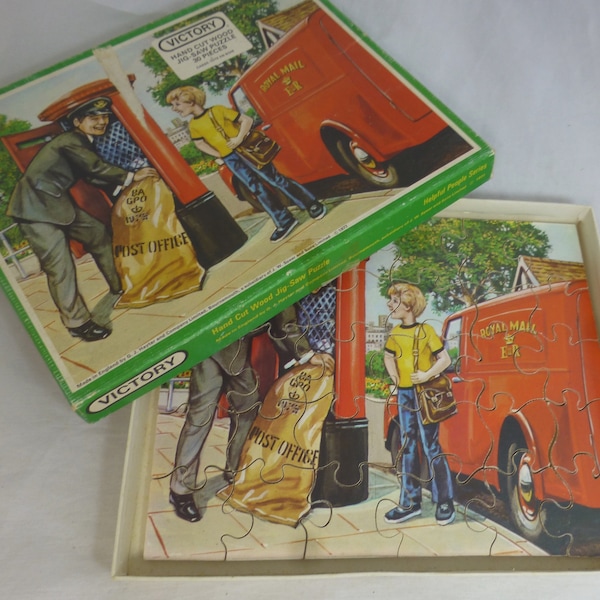 Vintage Buntes Victory The Postman Hilfreiche Menschen Serie Holz Puzzle - Royal Mail Van & Rote Briefkasten - 30 Hand geschnittene Holzstücke