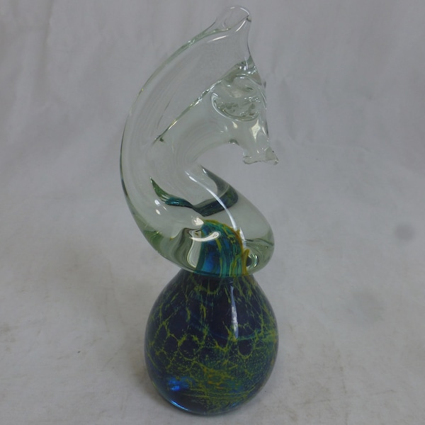 Vintage Mdina Glass Seahorse Signed Blue, Aquamarine and Gold Blown Glass Paperweight - Maltese Glass Sand & Sea Design  - Made in Malta