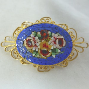 Vintage Beautiful Italian Micro Mosaic Oval Pin Brooch with Gold Tone Filagree Surround Blue & Colourful Floral Pattern Italy c 1930s image 2