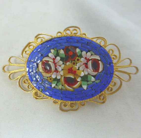 Vintage Beautiful Italian Micro Mosaic Oval Pin B… - image 2