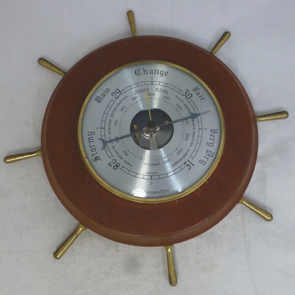 Ship’s Wheel Large Vintage Barometer Weathermaster 11.5 in D - Silver Tone Face and Solid Wood Turned Casing & Brass Spokes – 1960s England