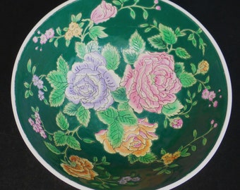 Chinese Vintage Hand Painted Floral Green Tin Glaze Large Decorative Bowl – Colourful Peonies & Foliage – 8 in D - Wedding Centrepiece Bowl