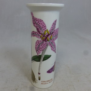 Vintage Portmeirion Botanic Garden Floral Slim Cylinder Vase 5.25 in H - Meadow Saffron Colchicum & Butterfly Moth - Iconic English Pottery