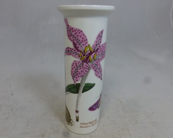 Vintage Portmeirion Botanic Garden Floral Slim Cylinder Vase 5.25 in H - Meadow Saffron Colchicum & Butterfly Moth - Iconic English Pottery