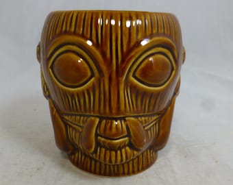 Tiki Hawaiian Ceramic Brown Glazed Cocktail Mug - 4.25 inch Home Decoration Maori Totem Flower Vase - Pottery Barware Mantique Gift