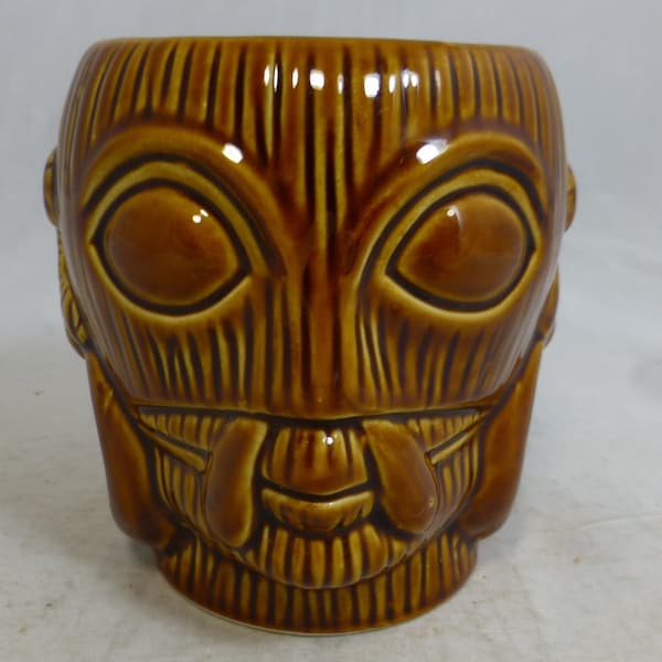 Tiki Hawaiian Ceramic Brown Glazed Cocktail Mug - 4,25 pouces Décoration de la maison Maori Totem Flower Vase - Poterie Barware Mantique Cadeau