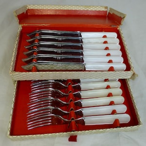 Puede incluir: Un juego de cubiertos vintage en una caja decorativa. El juego incluye cuchillos y tenedores con mangos blancos y hojas plateadas. La caja es roja y dorada, con un exterior estampado.