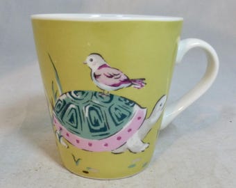 Cath Kidston Happy Tortoise and Bird Pastel Yellow Stanley Porcelain Mug – Curved Sides Genuine CK Animal Design – Iconic English Cup Gift