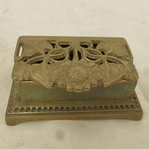 Art Deco Style Vintage Brass Sunflower Design Stamp Box 3.25 in W - Art Nouveau Style Stamp Container - Brass Hinged Box with 2 Compartments