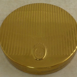Coty of Paris New Dawn Gold Tone Round Powder Compact / Make-up Cosmetic Mirror - Coty Crest & Circular Window on Reverse - Original Puff