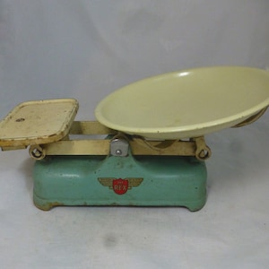 Vintage Weylux British Made &quot;The Rex&quot; Green Cast Iron Kitchen Balance Scales with Cream Pan - 13.25 in W - Heavy Retro Kitchen Weighing Set