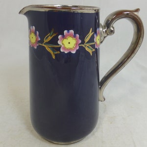 Antique Cobalt Blue Silver Lustre Floral English Victorian Porcelain 6.5 in Jug or Pitcher - Hand Painted Pink & Yellow Flowers - A/F Chip