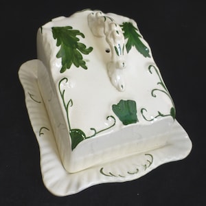 Antique Victorian Porcelain Ironstone Covered Cheese Dish 8 in H - Hand Painted Green Foliage Design - Moulded Decorative Handle