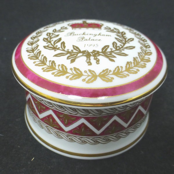 Buckingham Palace 1995 Pink and Gold Bone China Round Trinket Box / Jewellery Pot with Lid - English Royal Family Souvenirs - Vintage