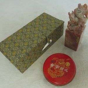 Vintage Genuine Chinese Carved Stone Seal with Warrior God on Horse & Tin Red Ink - Brocade Case - Personalised - Oriental Calligraphy Gift