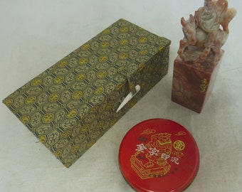 Vintage Genuine Chinese Carved Stone Seal with Warrior God on Horse & Tin Red Ink - Brocade Case - Personalised - Oriental Calligraphy Gift