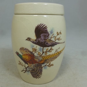 Vintage James Nicoll & Son Porcelain Container with Lid 4.25 inch H - Pheasants Game Bird Design – Forfar Scotland – Scottish Studio Pottery