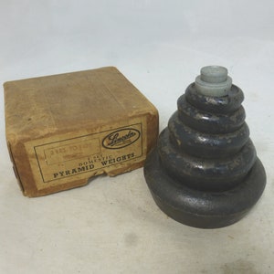 Vintage Boxed Set of 7 Stackable Pyramid Round Imperial Black Cast Iron Weights 2 lb to 0.25 oz (Missing 1 oz) - Lincoln Manufacture England
