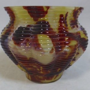 Antique Welz Tortoiseshell Effect Pressed Glass Posy Vase – Bohemian Czechoslovakian glass – Ridged brown & amber yellow spatter glass bowl