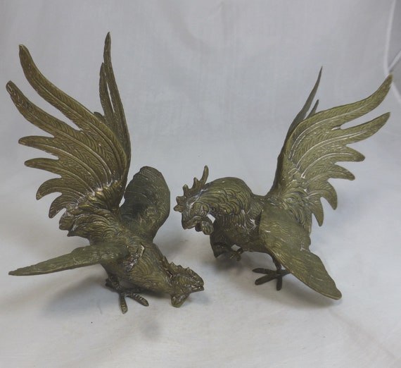 大型ヴィンテージ真鍮製闘鶏フィギュア/装飾品 高さ7.25インチと6.25