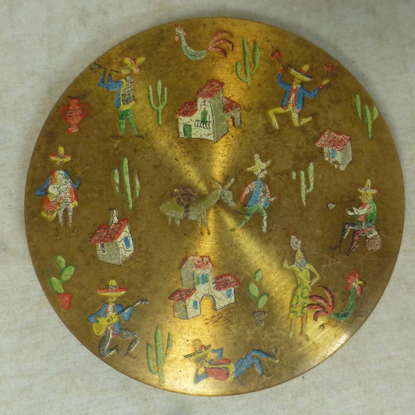 Miroir de maquillage compact/Miroir de maquillage rond doré rond en poudre vintage amusant mexicain - Cactus, ânes, coqs, musiciens, sombreros - Par Melissa ?