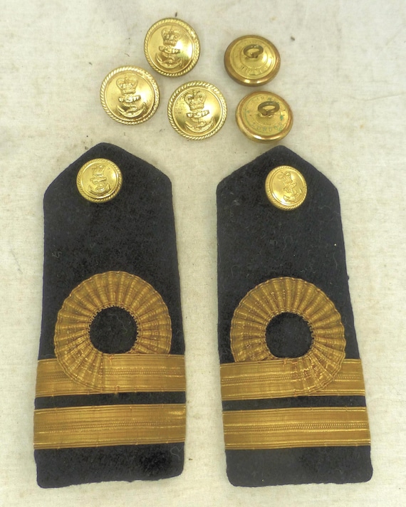 Vintage British Royal Navy Lieutenant Rank Insignia Shoulder Boards Epaulettes - Gold Stripes & 5 Navy Officer’s Gold Firmin London buttons View 2