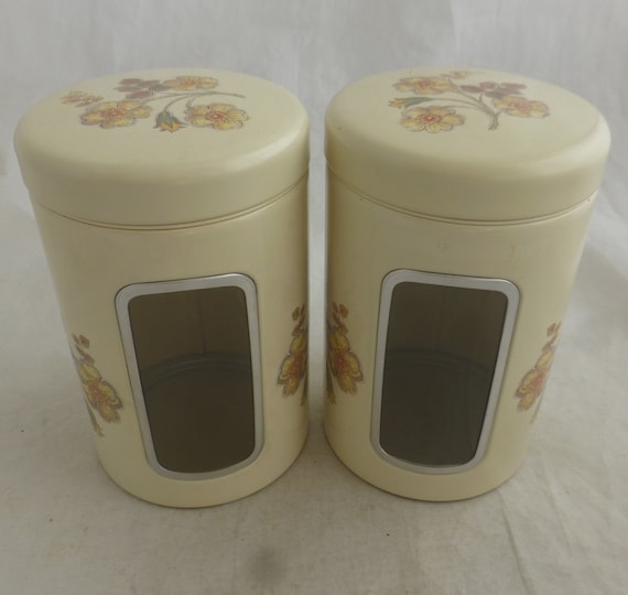 Vintage Set of 2 Floral Cream Tin Kitchen Storage Canisters Clear Window &  Lid Unused Metal Containers, Pouring Device Retro Kitchenalia 