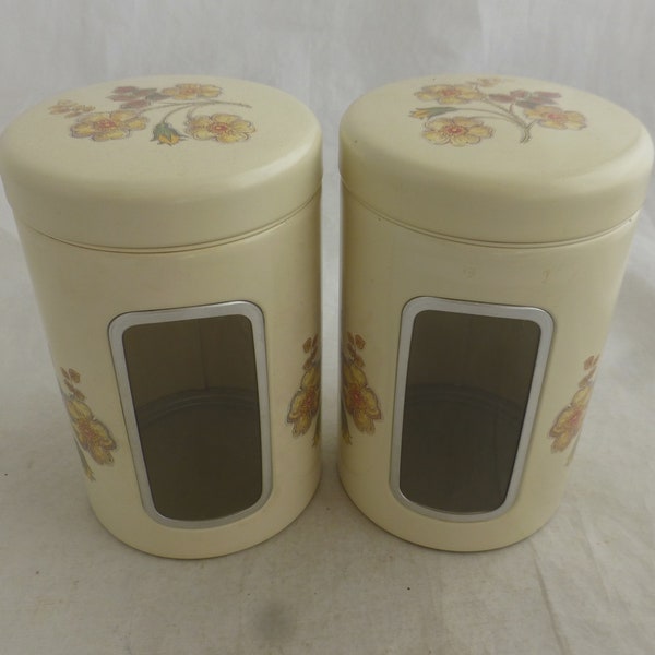 Vintage Set of 2 Floral Cream Tin Kitchen Storage Canisters - Clear Window & Lid - Unused Metal Containers, Pouring Device Retro Kitchenalia