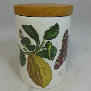 Frühes Portmeirion Botanic Garden Vorratsglas mit Holzdeckel - Citron Lemon Citrus - 13 cm H - Großer Copyright Design Stempel