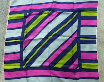 Echo Silk Scarf - Bold Geometric Striped Design in Pink, Blue and Green - 26 x 26 in – Hand Rolled hem – Vintage Women’s Fashion Accessory