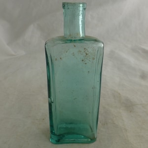 Antique Bluish Green Glass Apothecary Bottle - Rectangular 5.25 in H - Victorian glass  - Collectible Chemist Poison Medicine Potion Bottle