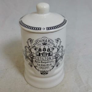 Fortnum & Mason Stilton Cheese Cream Black Porcelain Small Pottery Storage Canister Jar Crock with Lid 4.5 in H - Piccadilly London England