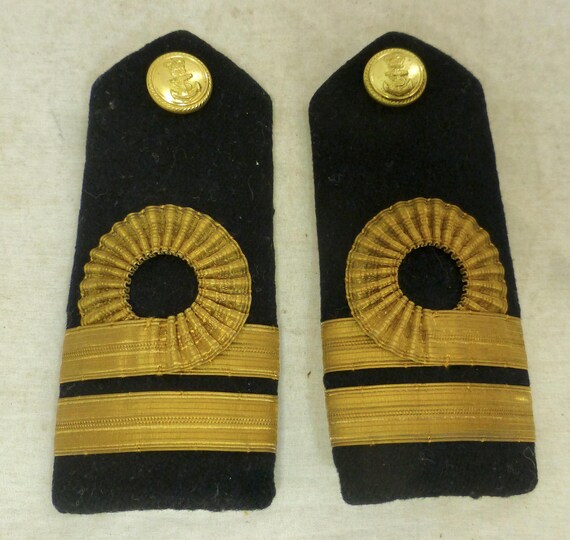 Vintage British Royal Navy Lieutenant Rank Insignia Shoulder Boards Epaulettes - Gold Stripes & 5 Navy Officer’s Gold Firmin London buttons View 3