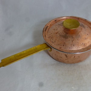 Vintage Copper Saucepan with Lid - Heavy Base, Gold Tone Metal Handle & Lid Finial - Stainless Steel Lining - 15.75 in W with Riveted Handle