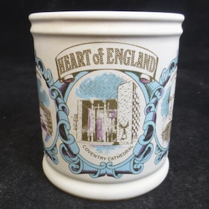 Denby Heart of England Vintage Mug with  Historical Hand Drawn images - Shakespeare, Coventry Cathedral & Ironbridge - English Souvenir Cup